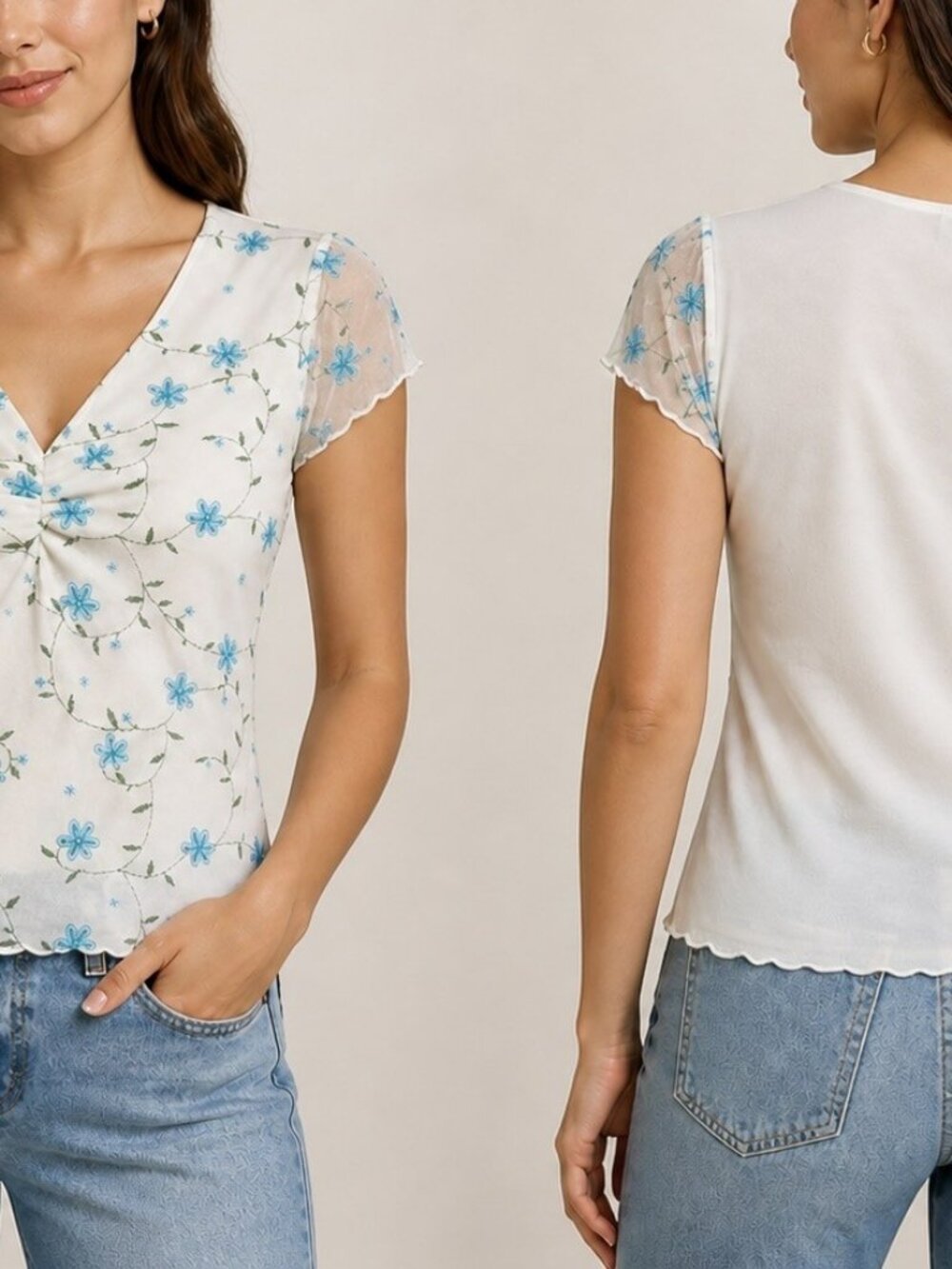 Wrapper Embroidered V-neck Mesh Blouse with Liner